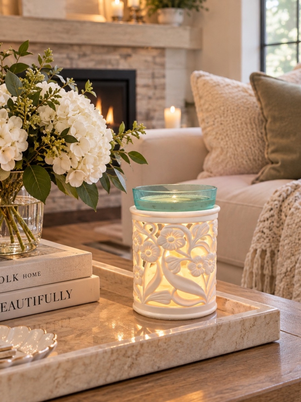 Serenity White Floral Ceramic Wax Warmer with Teal Dish Plug In
